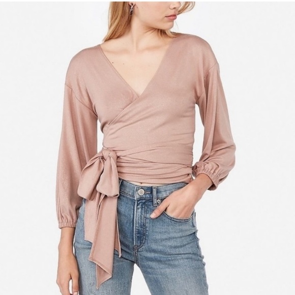 Express x Negin Mirsalehi Pink Tan Metallic Tie Wrap Blouse - Picture 3 of 4